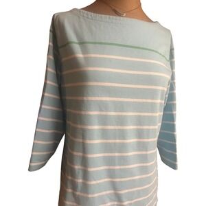 LL Bean Boatneck Top M Pet Light Blue White Striped 3/4 Sleeve nautical  Cotton